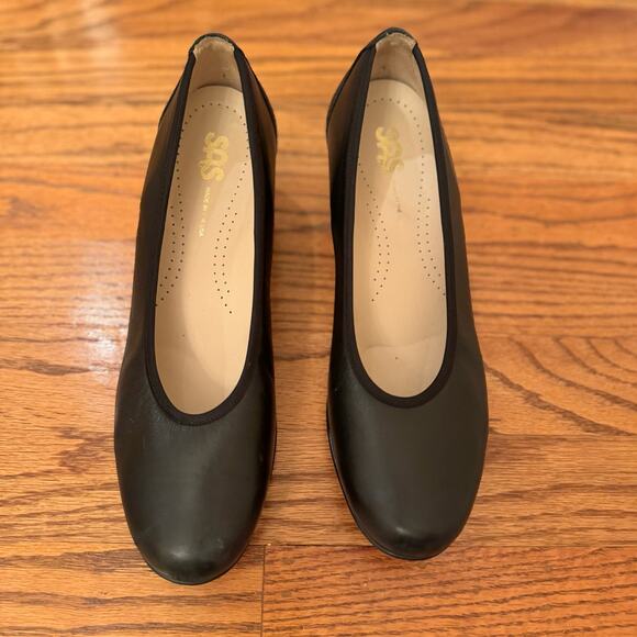 SAS Women’s 8N Narrow Milano Leather Black Slip-On Pump Block Heel Shoe Comfort - Picture 8 of 13